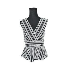 Anthro Peplum Top M Black White V Neck Boho Chic Resort Coastal Striped Stretch
